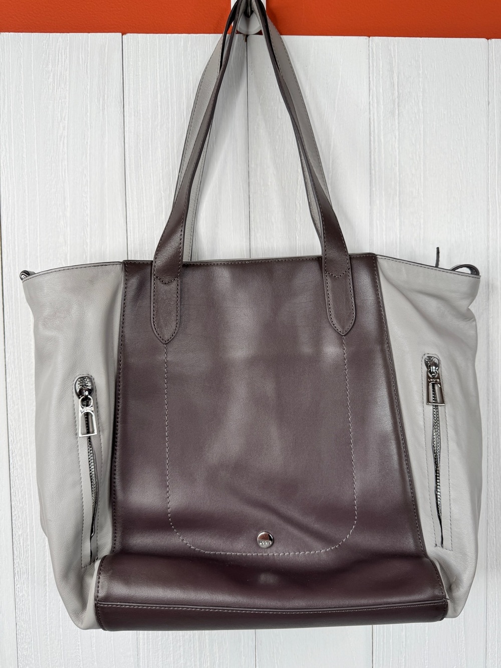 Lodis Two-Tone Leather Tote in Brown and Light Gray